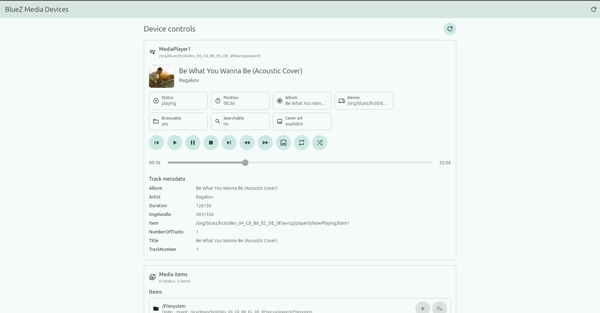 Flutter Linux BlueZ media example showing a connected MediaPlayer1 session, playback controls, track metadata, media items, and cover art.