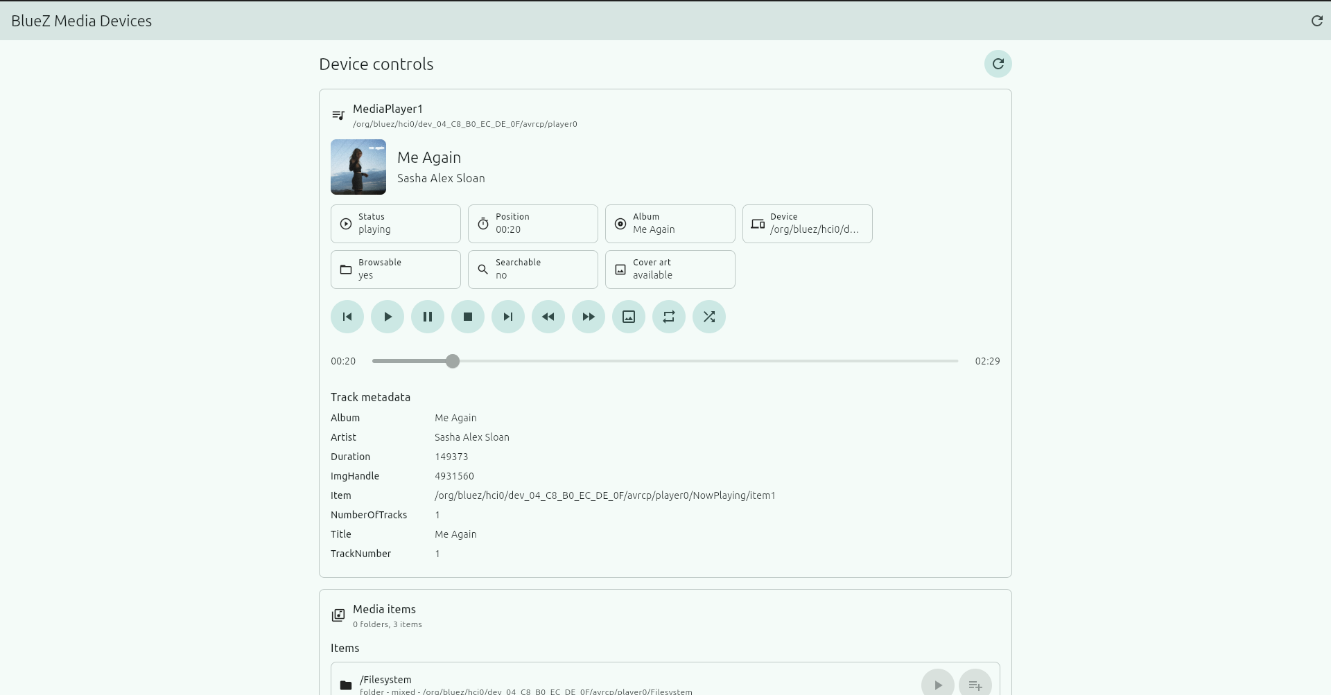 Flutter Linux BlueZ media example showing updated track metadata and cover art for Me Again by Sasha Alex Sloan.