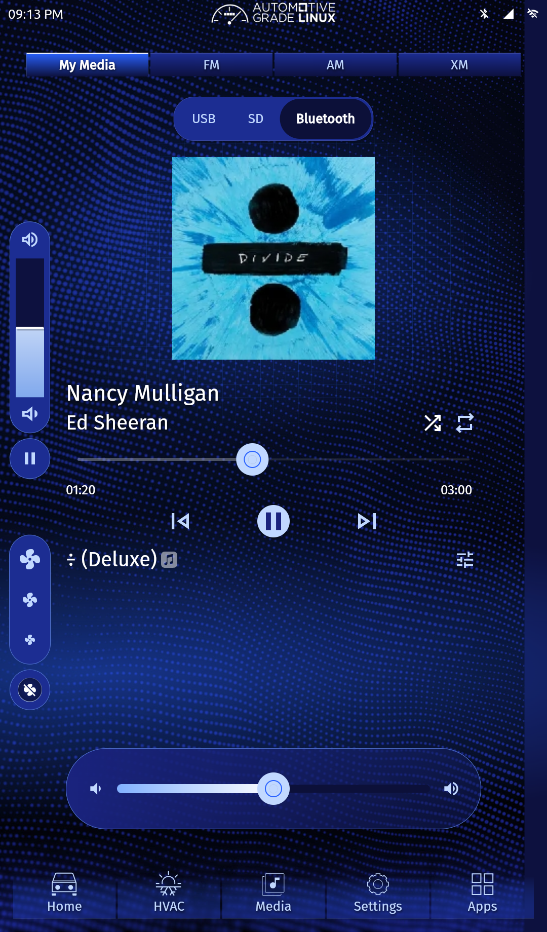 AGL ivi-homescreen Bluetooth media view paused on Nancy Mulligan by Ed Sheeran from the album Divide (Deluxe), showing the Divide cover art, elapsed time 01:20 of 03:00, previous, pause and next controls, shuffle and repeat states, and the phone volume slider at the bottom.