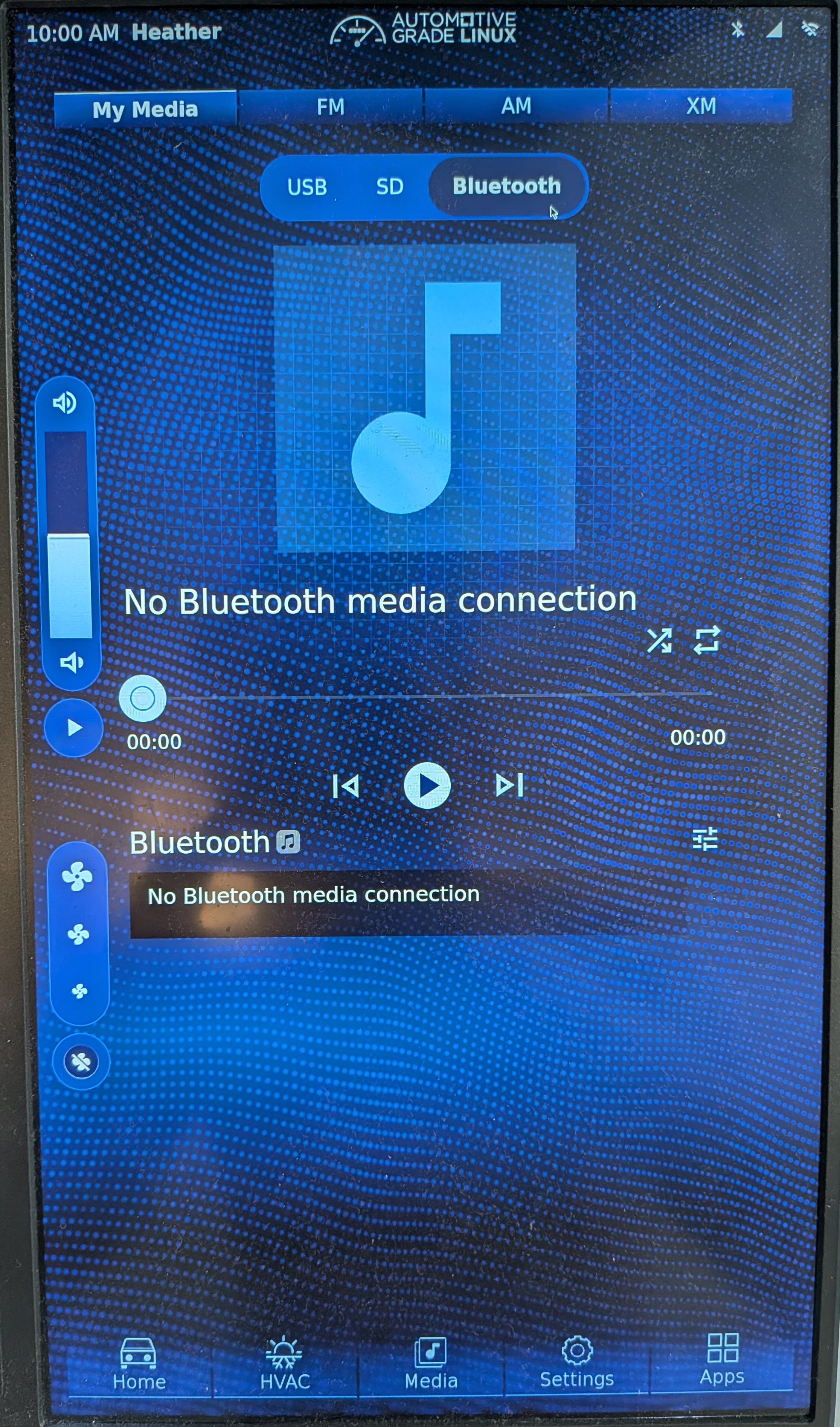 Full AGL media screen on Raspberry Pi 5 showing the Bluetooth source selected with no Bluetooth media connection.