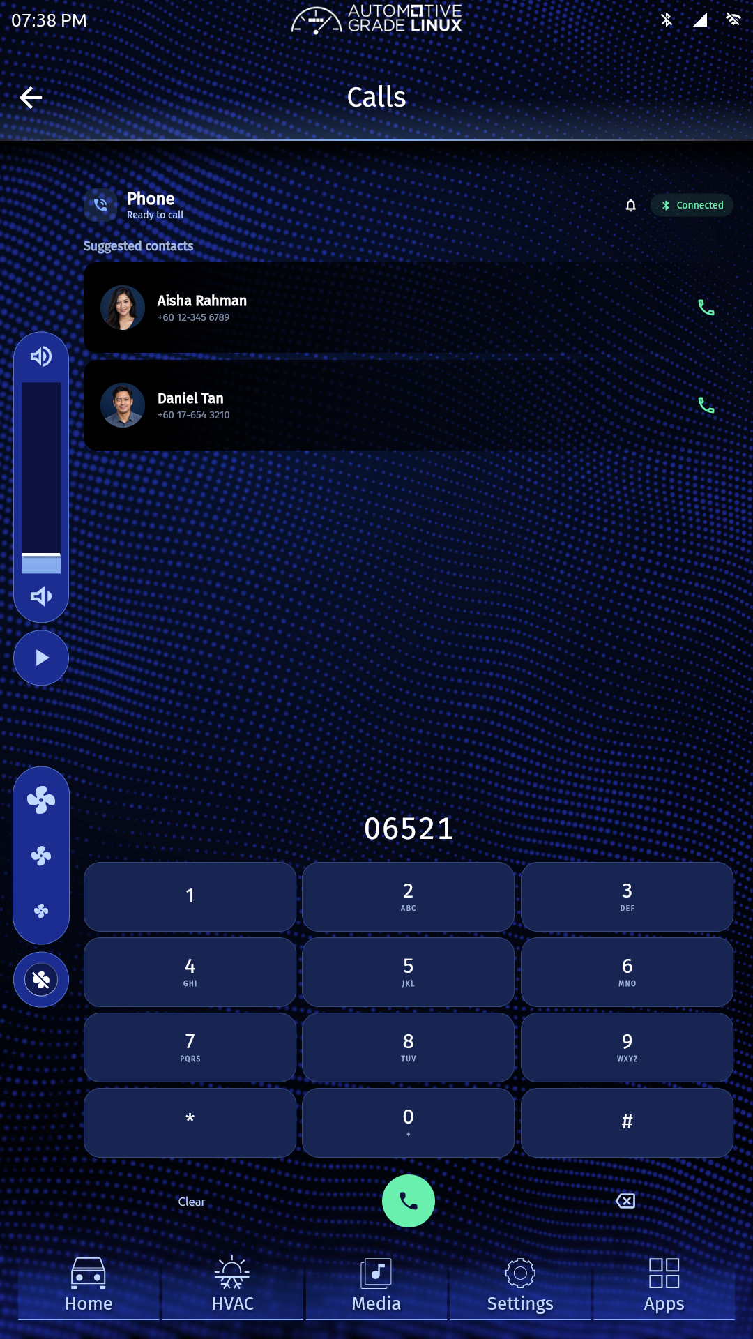 AGL Calls screen showing a connected phone, suggested contacts, a populated dial pad, and a green call button.
