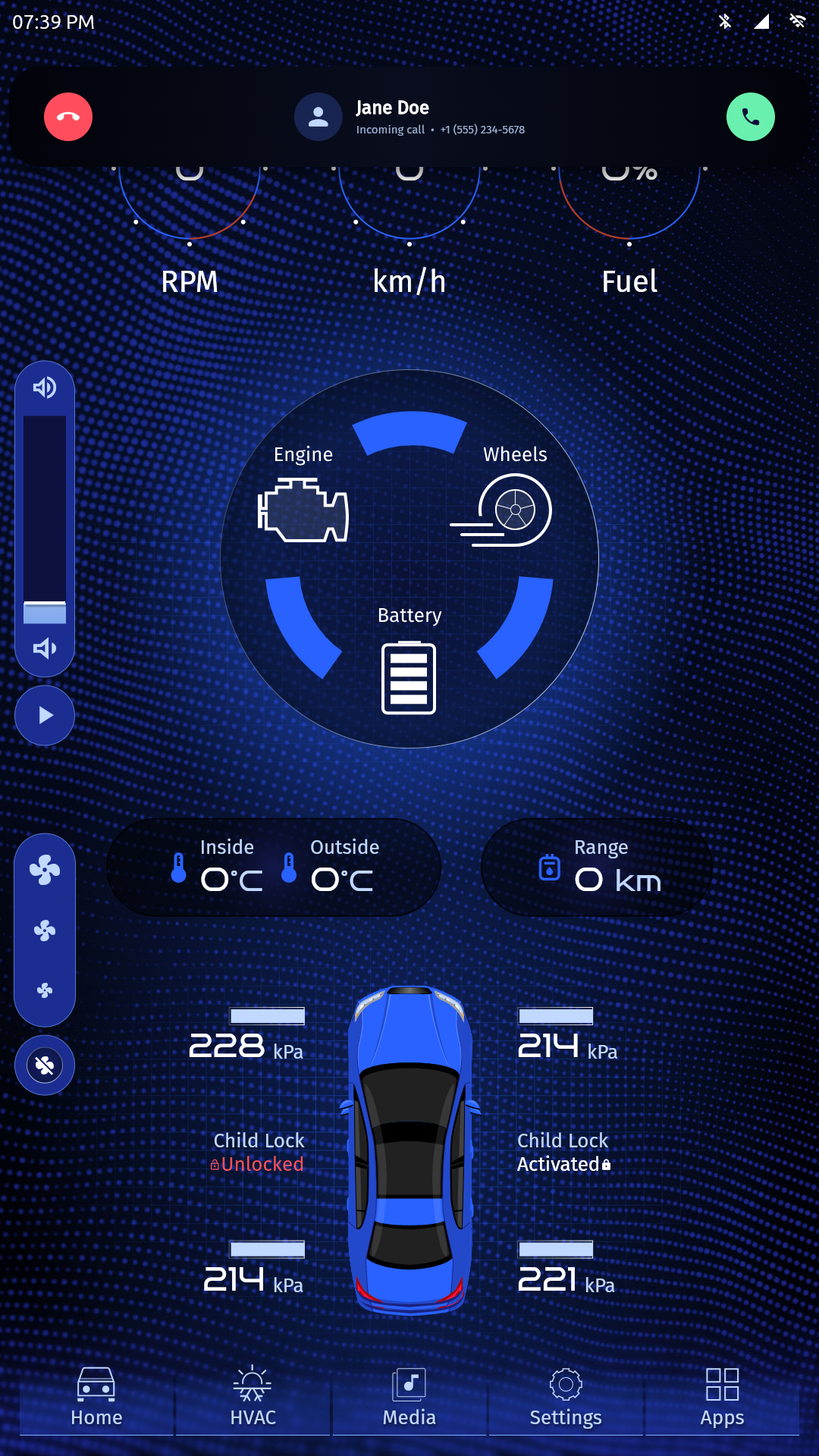 AGL home screen showing an incoming call banner for Jane Doe with decline and answer buttons.