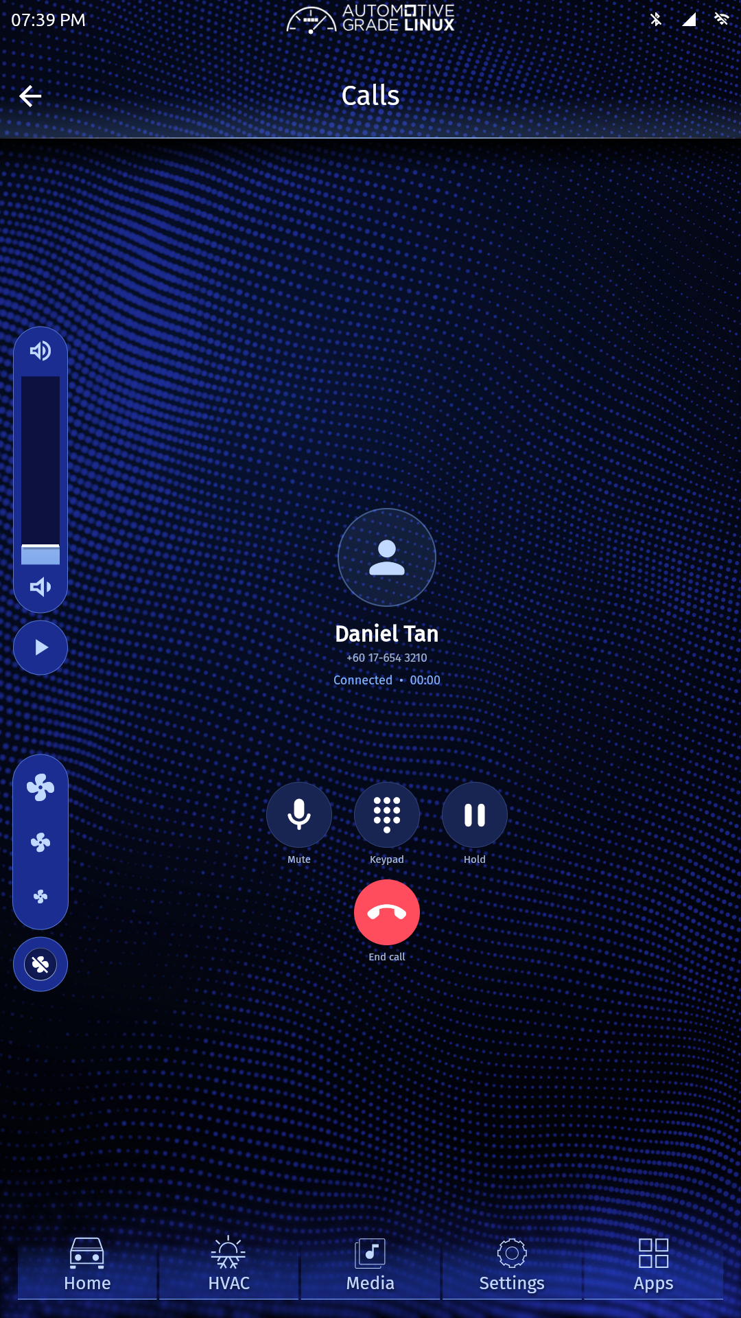 AGL active call screen showing Daniel Tan connected, mute, keypad, hold, and end-call controls.