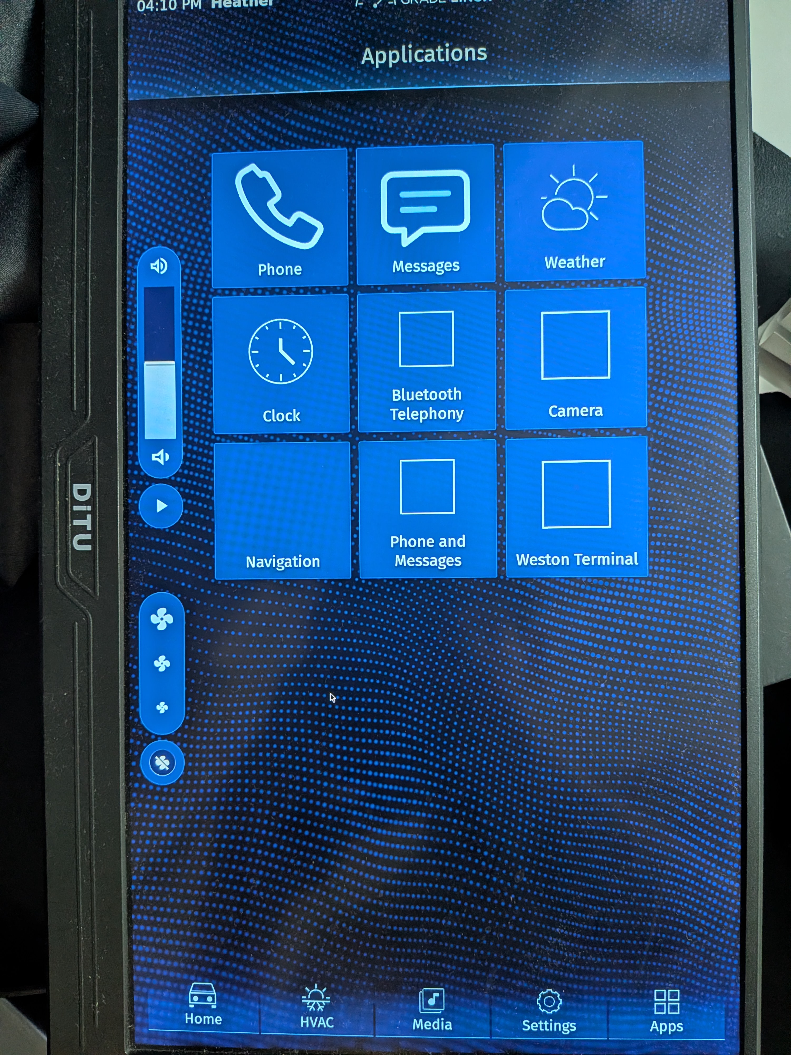 AGL homescreen Applications view showing Phone, Messages, Bluetooth Telephony, and other application tiles with shared vehicle controls and bottom navigation.