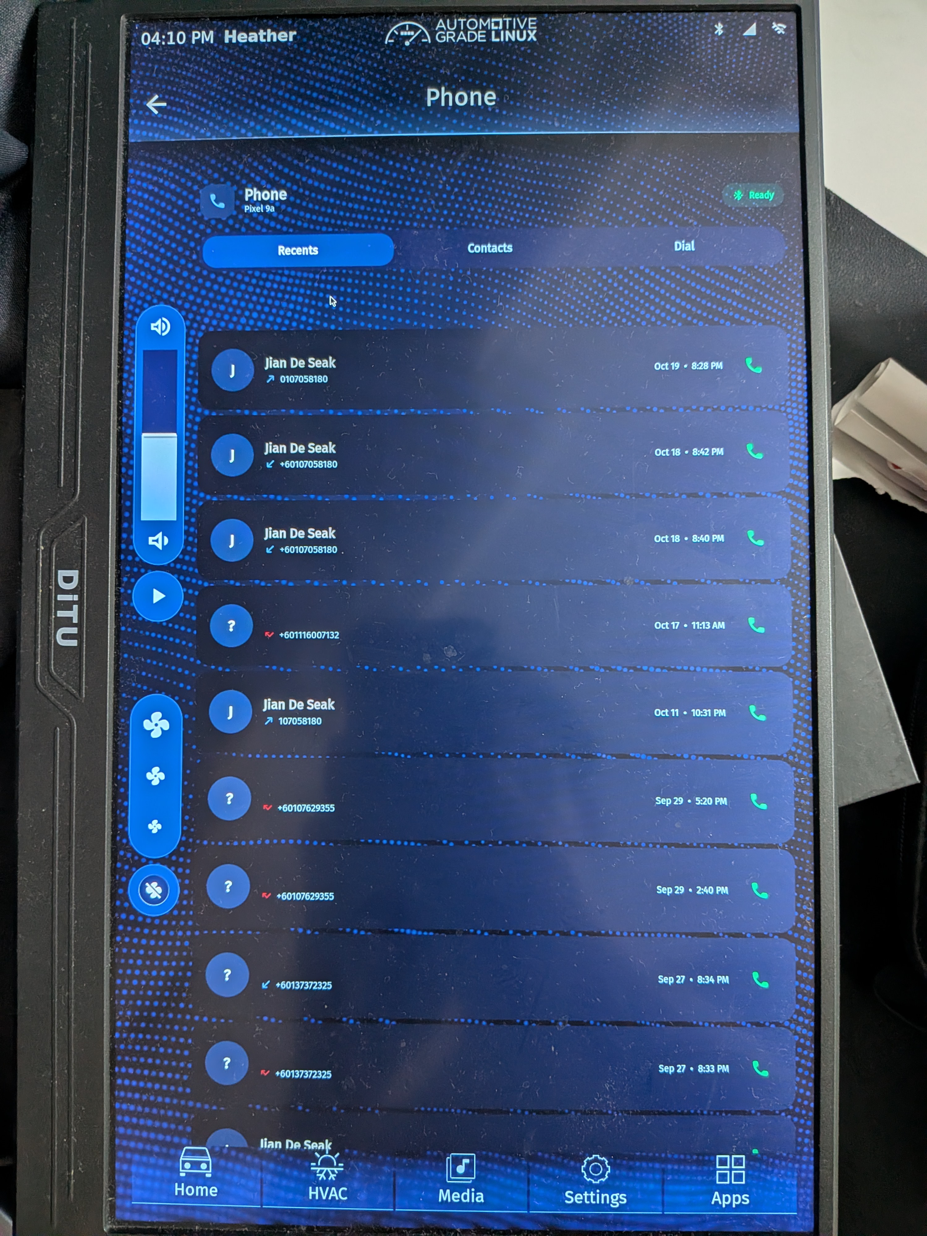 AGL Phone Recents view showing recent incoming and outgoing calls with contact names, numbers, timestamps, and call-back buttons.