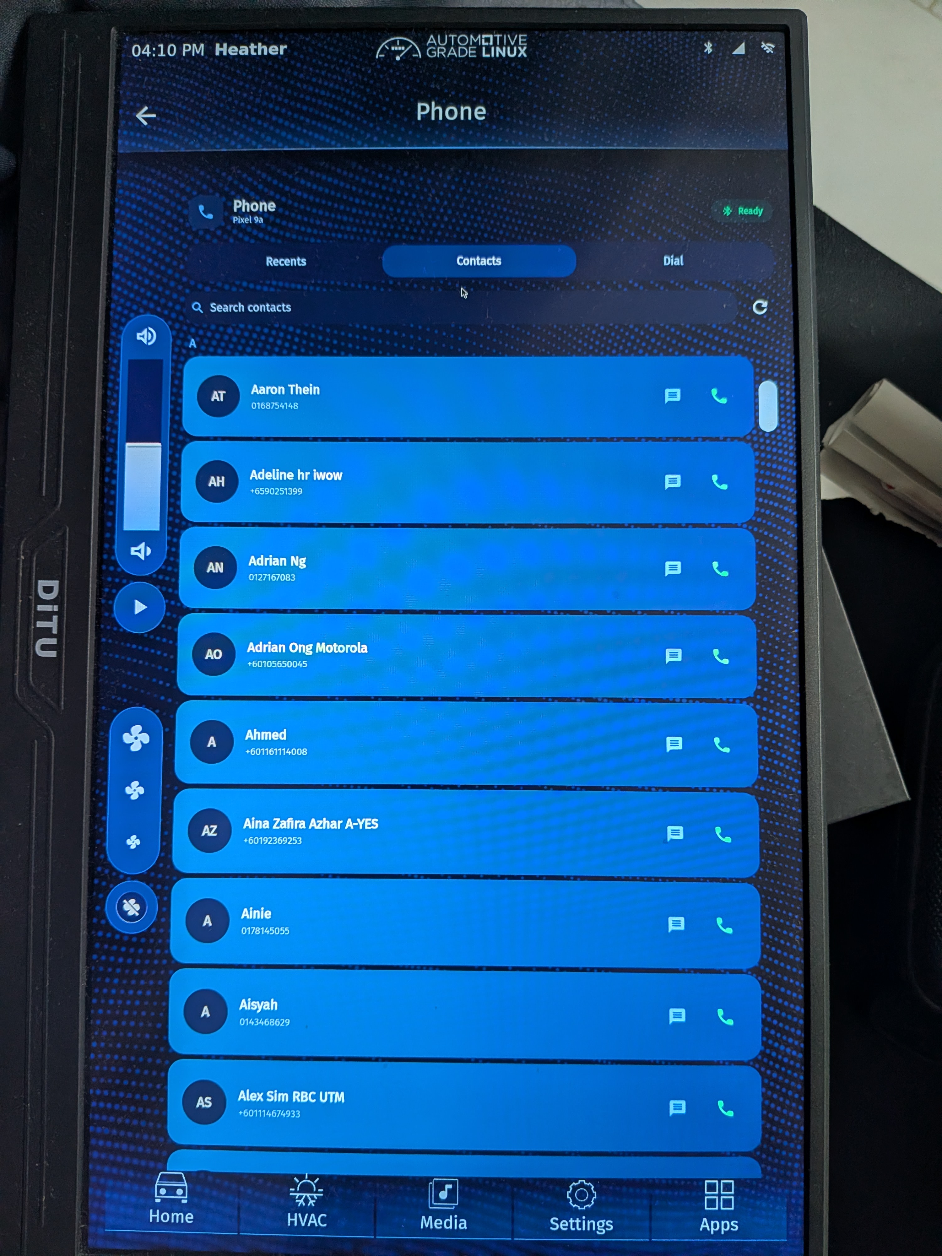 AGL Phone Contacts view showing a searchable alphabetical contact list with message and call actions.