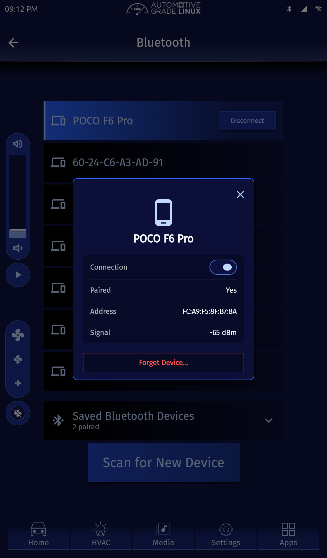 Bluetooth device details dialog showing connection, paired status, address, signal, and forget device action.