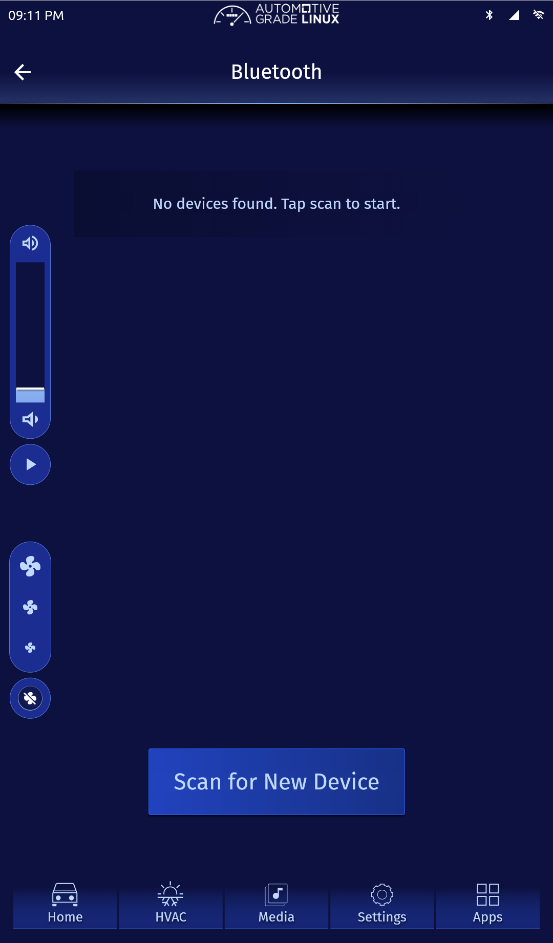 Bluetooth page showing no devices found and a scan button.
