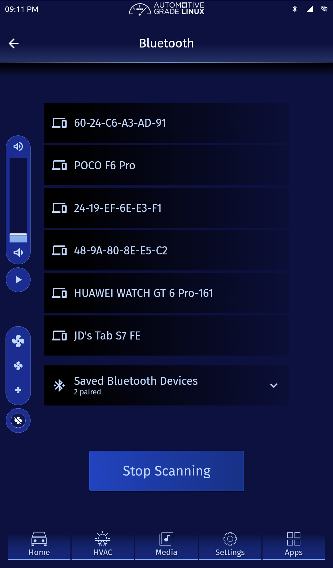 Bluetooth page showing discovered devices and a stop scanning button.