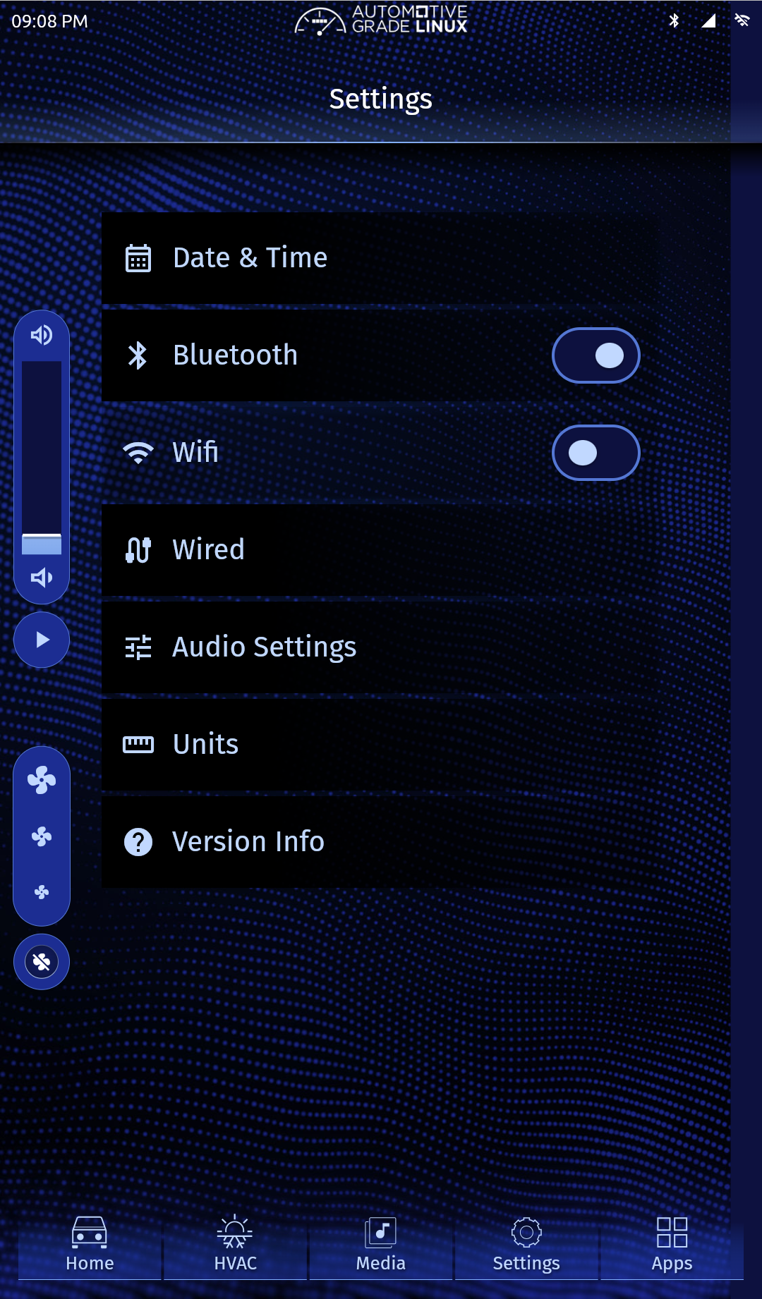 AGL settings screen with Bluetooth enabled.