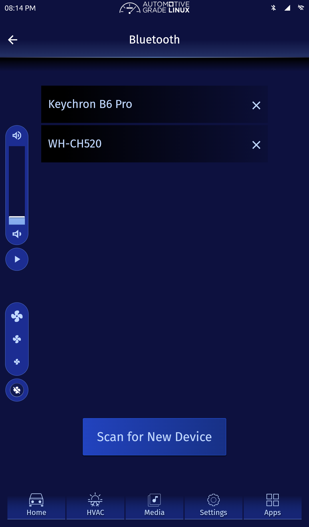 Bluetooth page showing paired Keychron B6 Pro and WH-CH520 devices with forget icons.