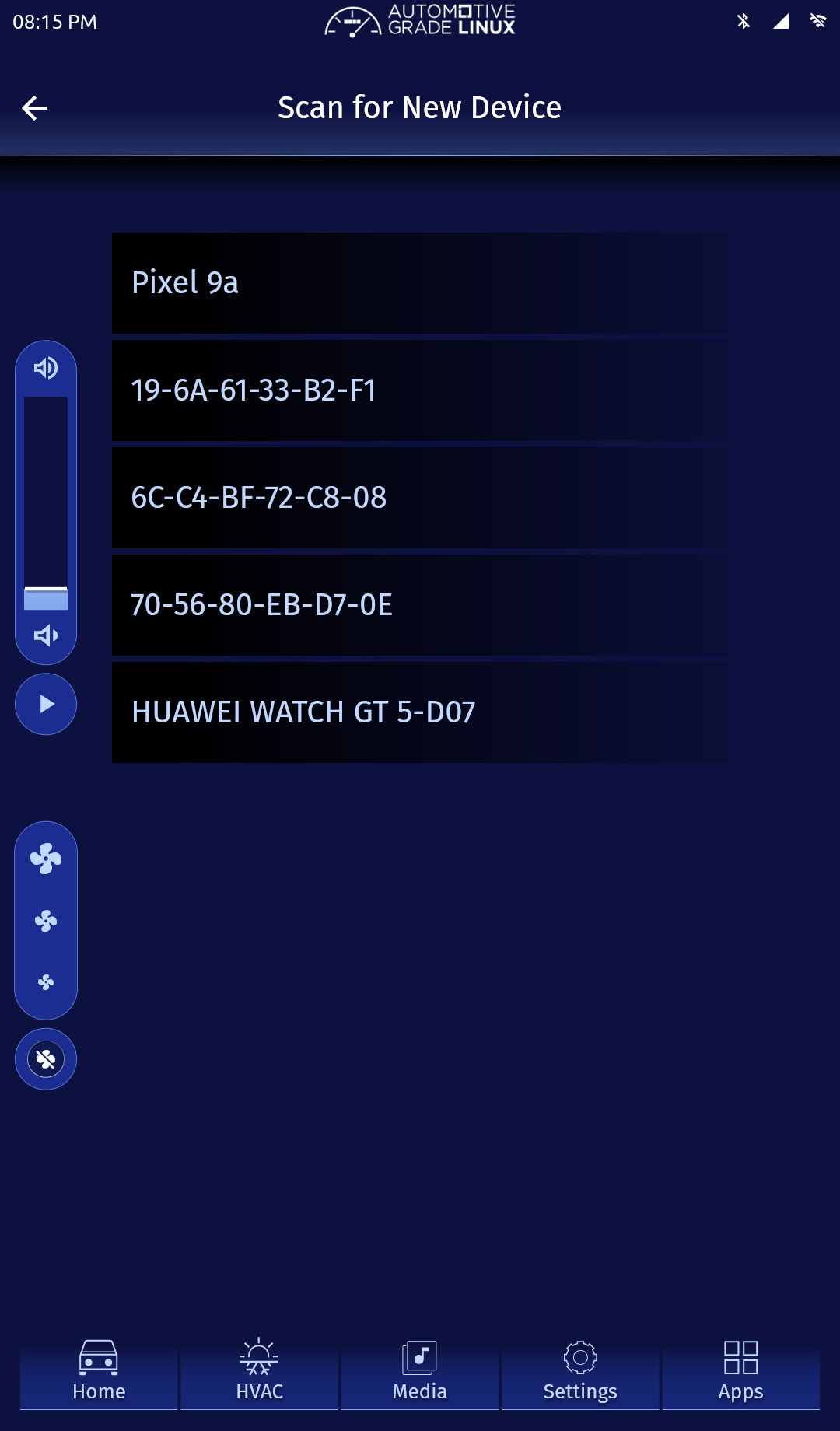 Scan for New Device page showing an unpaired Pixel 9a, a Huawei watch, and unnamed devices represented by MAC addresses.