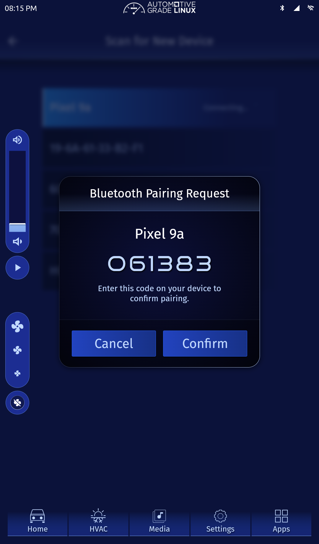 Bluetooth Pairing Request dialog for Pixel 9a showing passkey 061383 and Cancel and Confirm buttons.