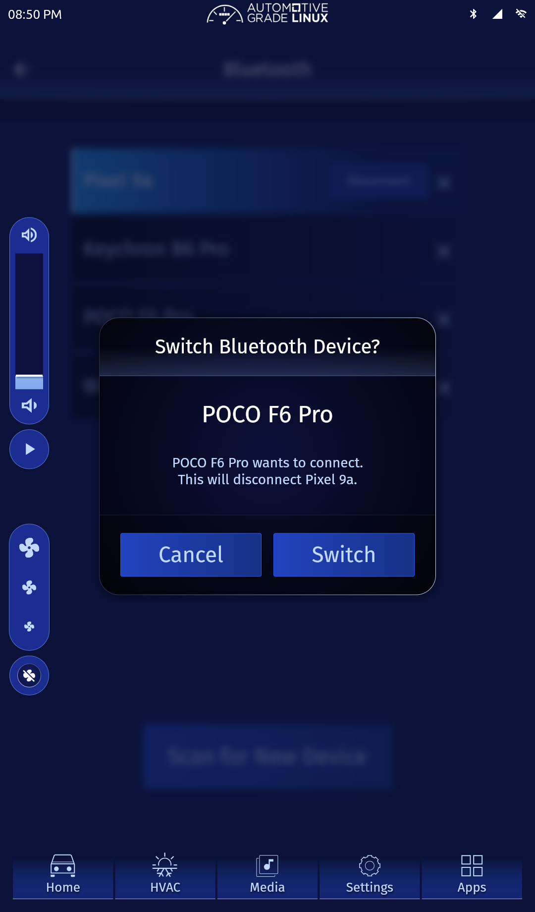 Switch Bluetooth Device dialog explaining that connecting POCO F6 Pro will disconnect Pixel 9a.